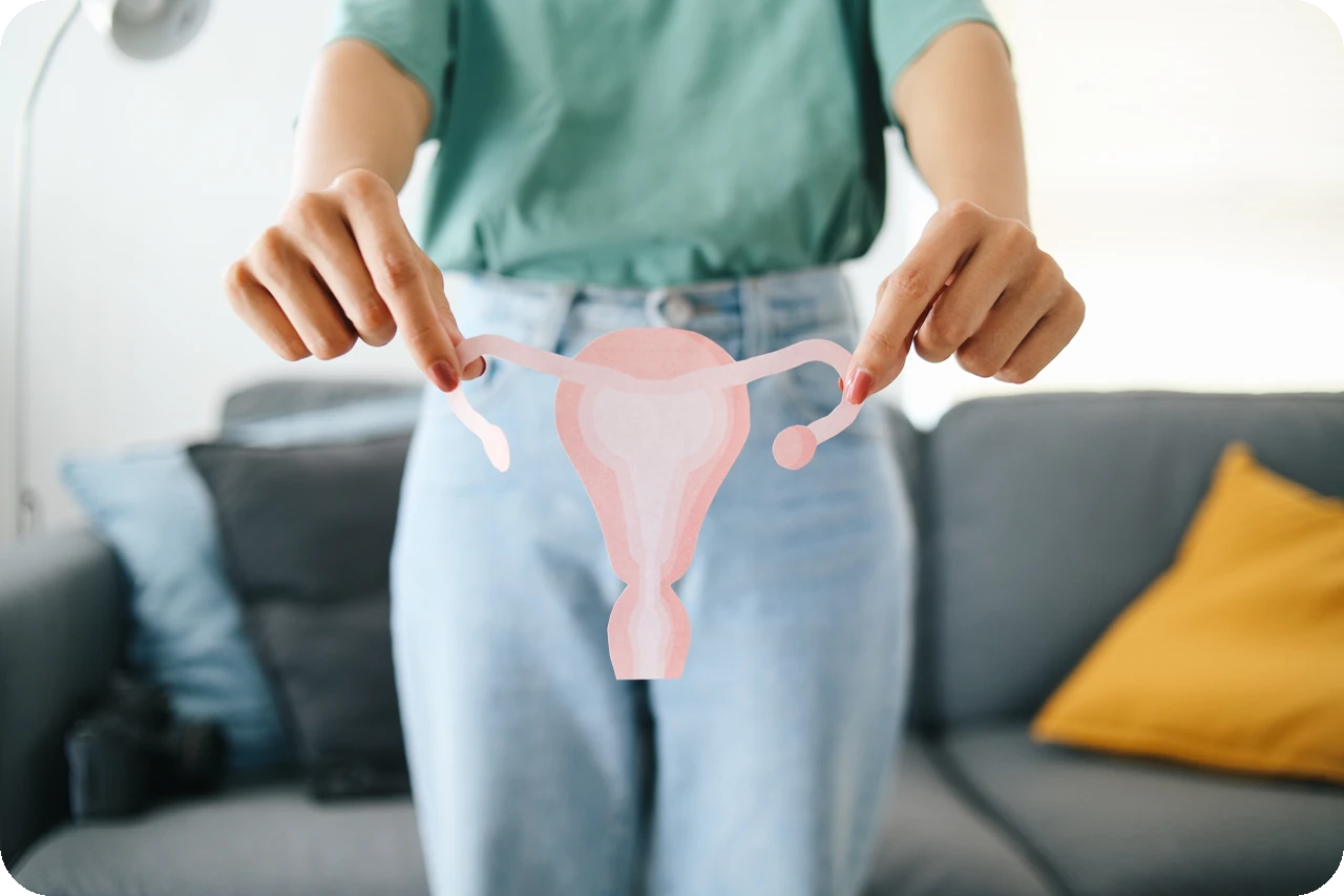 Frau hält Uterus und Eierstöcke aus Papier vor sich.