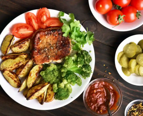 Essen auf Tisch, Ansicht von oben